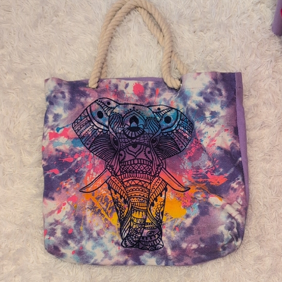 Handbags - Purple Tie-Dye Elephant Print Tote Bag